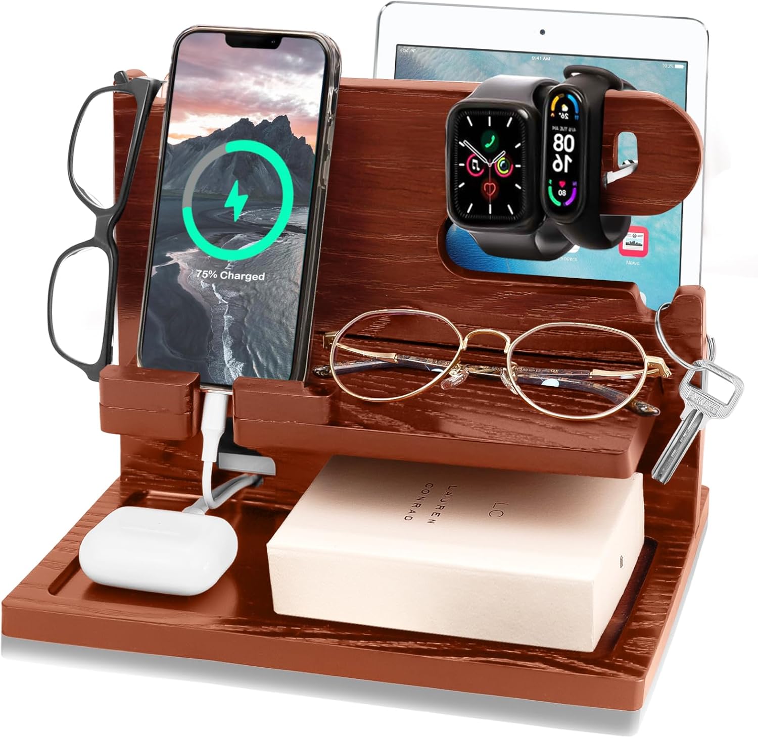 Wooden Phone Dock Station - Desk Organizer for Smartphone, Keys & Watch