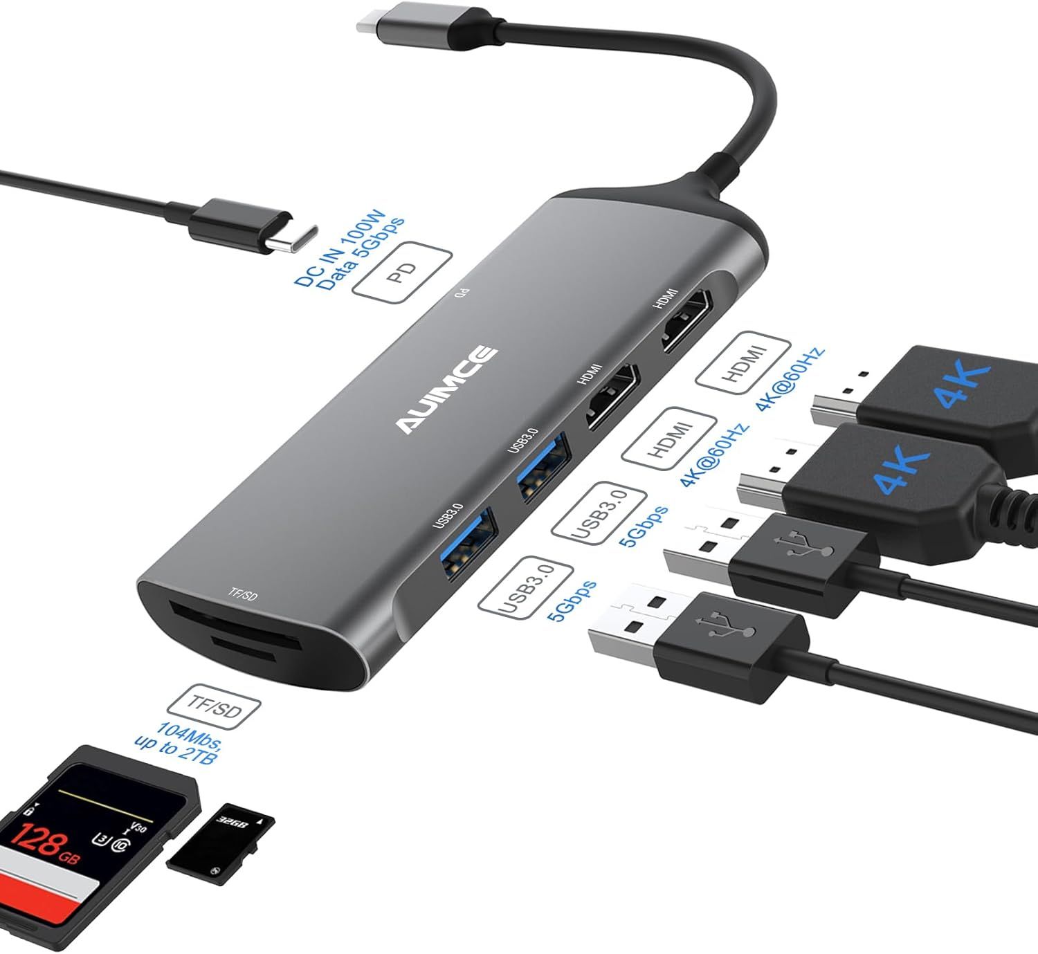 Hub USB C Universal, Dual Monitor Docking Station, 7-in-1 USB C Adapter to Double HDMI 4K, USB 3.0