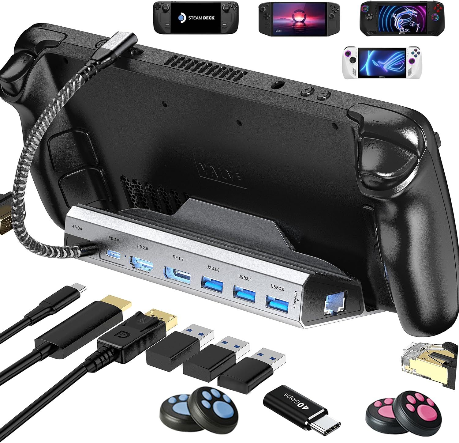 VDFHDFJGFJ 8-in-1 USB Hub with HDMI 2.0, VGA, DP1.2 for Steam Deck/ROG Ally/Switch/Legion Go