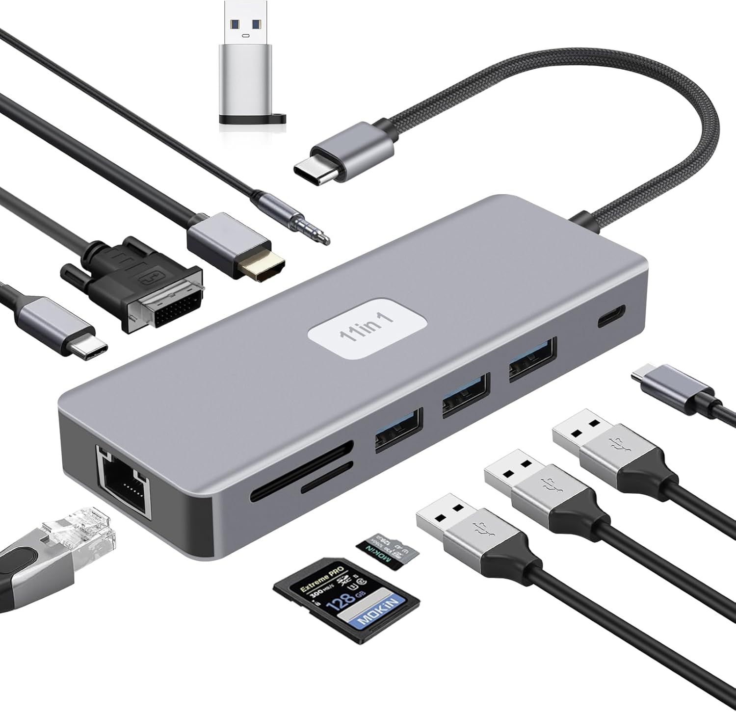 11-in-1 USB C Hub with PD 100W, HDMI 4K@60Hz, USB C Ports, Card Readers, Ethernet, Audio