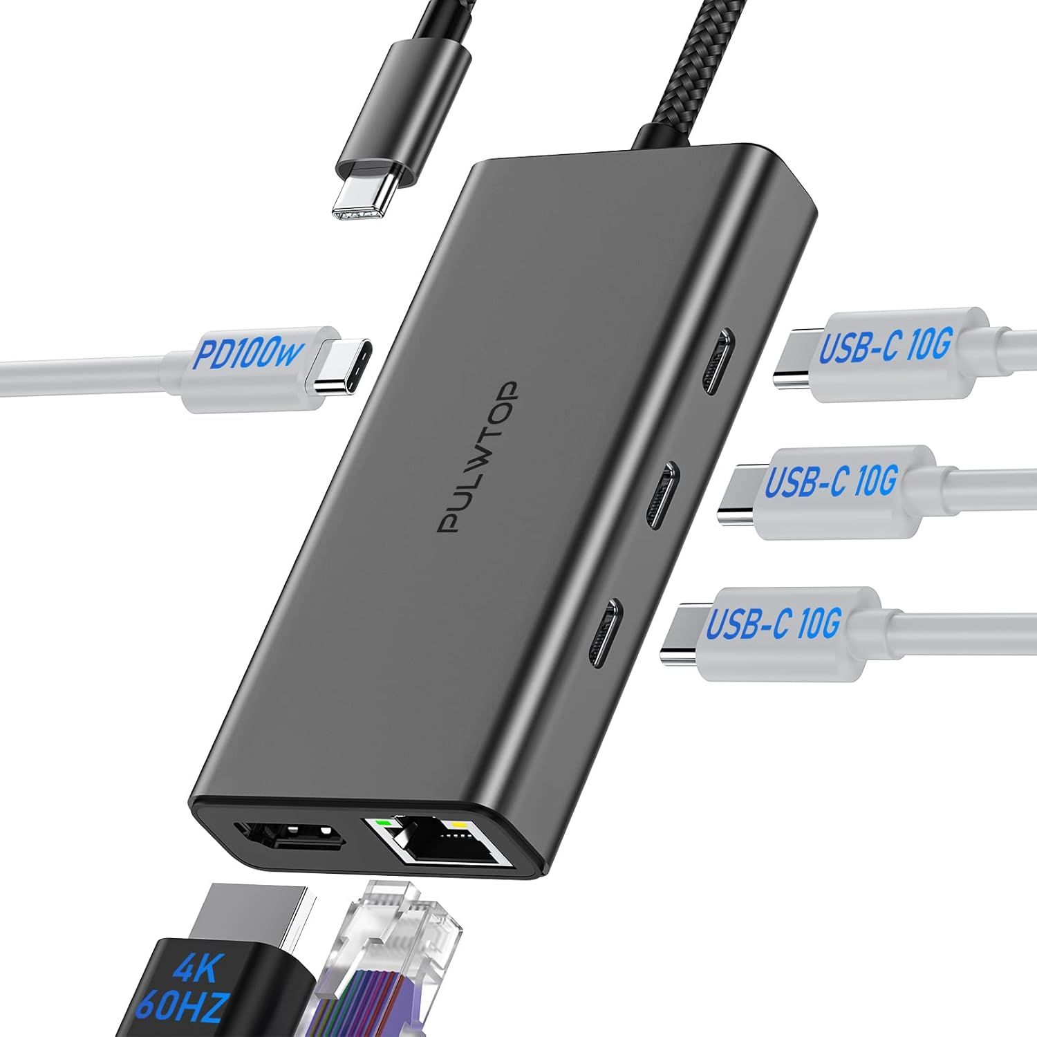VDFHDFJGFJ USB-C Hub, 6-in-1 Multiport Adapter with 3x USB C 10 Gbps 3.2 Gen, 1x HDMI@4K60Hz, 1x 100W PD, 1x Gigabit Ethernet for Laptop and Tablet