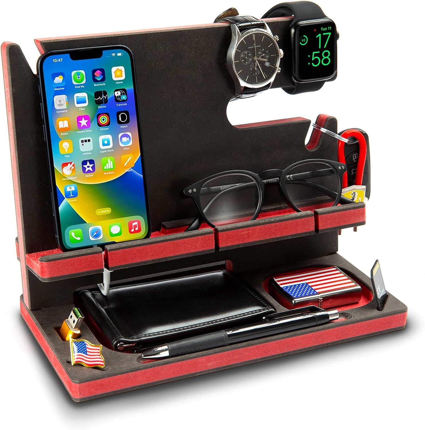 Wooden Charging Station for Phone, Tablet, Watch, Wallet, Accessories, Desk Organizer, Office Storage Stand, Nightstand, Men's Gift