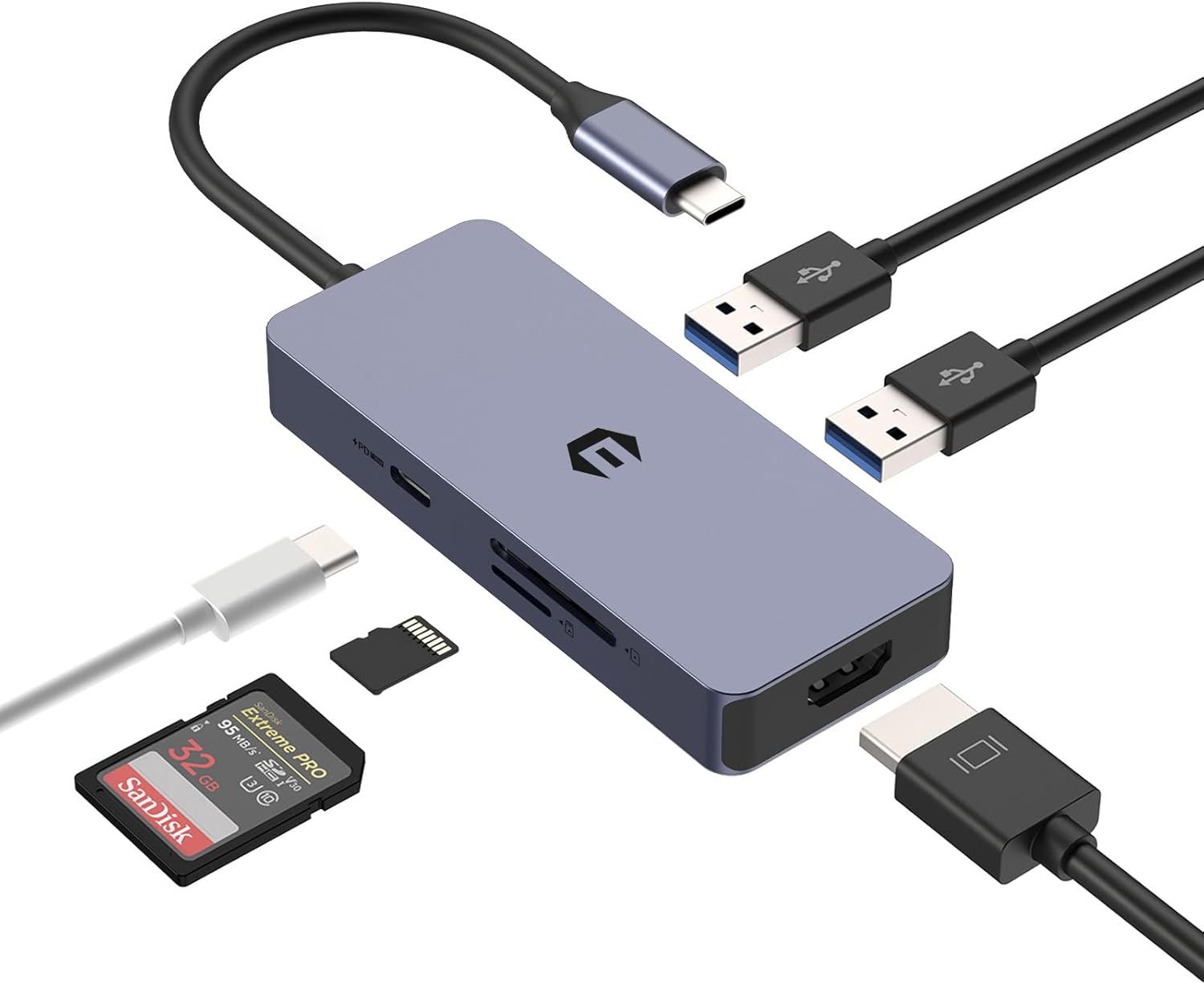 USB-C Hub 6-in-1 with 2 x USB 3.0, HDMI 4K, 100W PD, SD/TF Card Readers