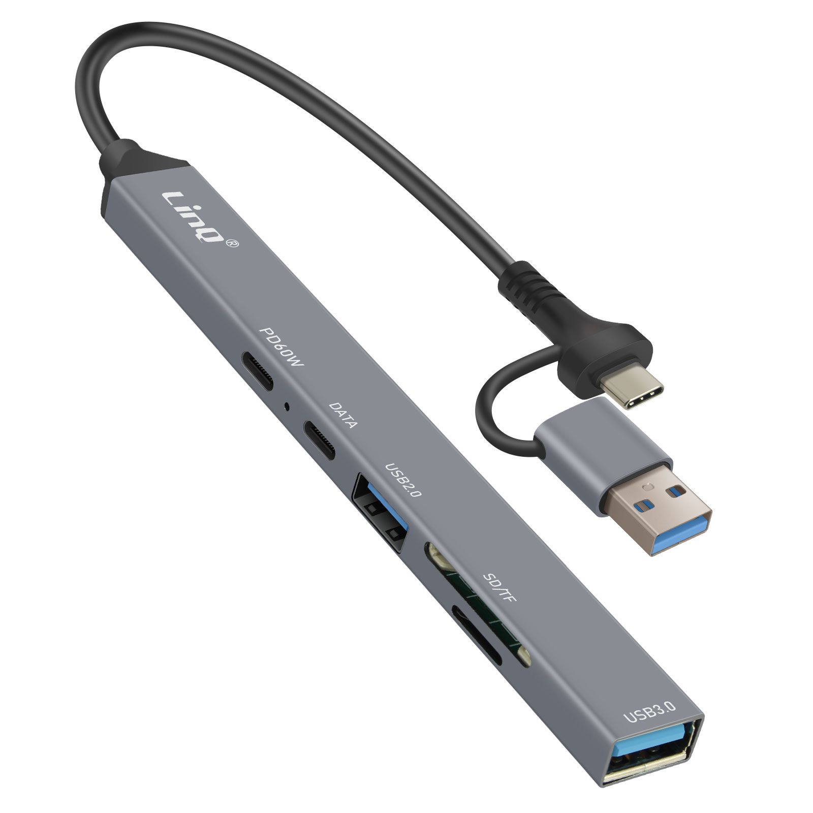 LinQ USB-C Hub - 60W Power Delivery, OTG, SD/TF Card Reader (Grey)
