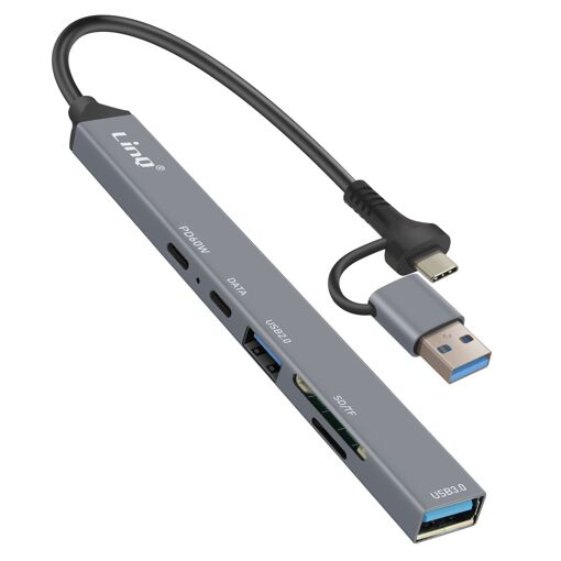 Hub USB LinQ 7 en 1 - 60W Livraison d'énergie PD, OTG, Lecteur de cartes SD/TF (Gris)
