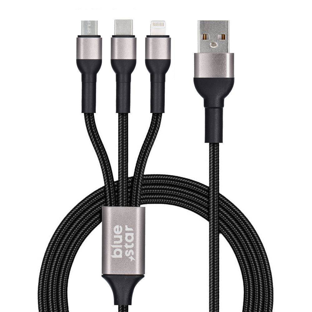 Cable Blue Star 3 en 1 (USB A a Lightning, Micro USB y USB C) - Negro