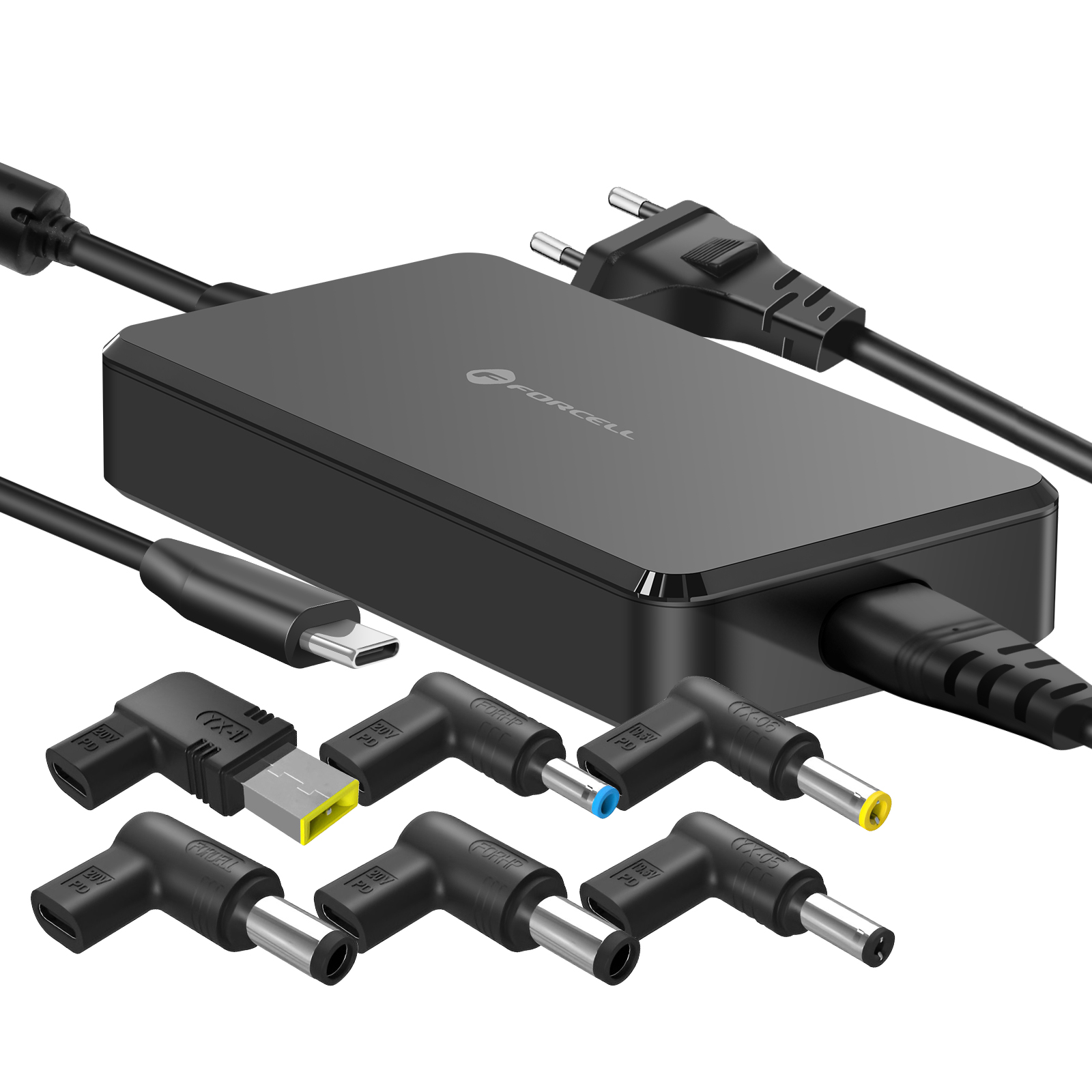 Forcell 90W USB-C PD Power Adapter with 6 Interchangeable DC Tips - Black
