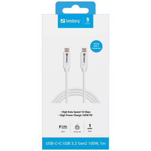 Cable Sandberg de 1 m USB-C, USB 3.2 Gen 2 (3.1 Gen 2), 10 Gbps, 100 W, Blanco