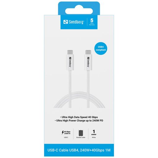 Sandberg USB-C Cable, 1m, USB4 Gen 3x2, 40 Gbit/s, 240W, White