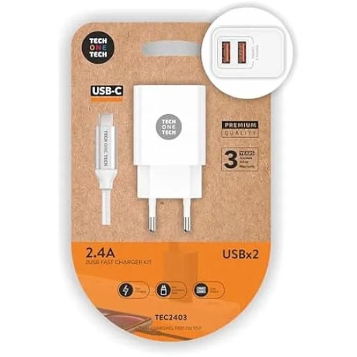 Cargador doble Tech One Tech + cable USB-C, Blanco