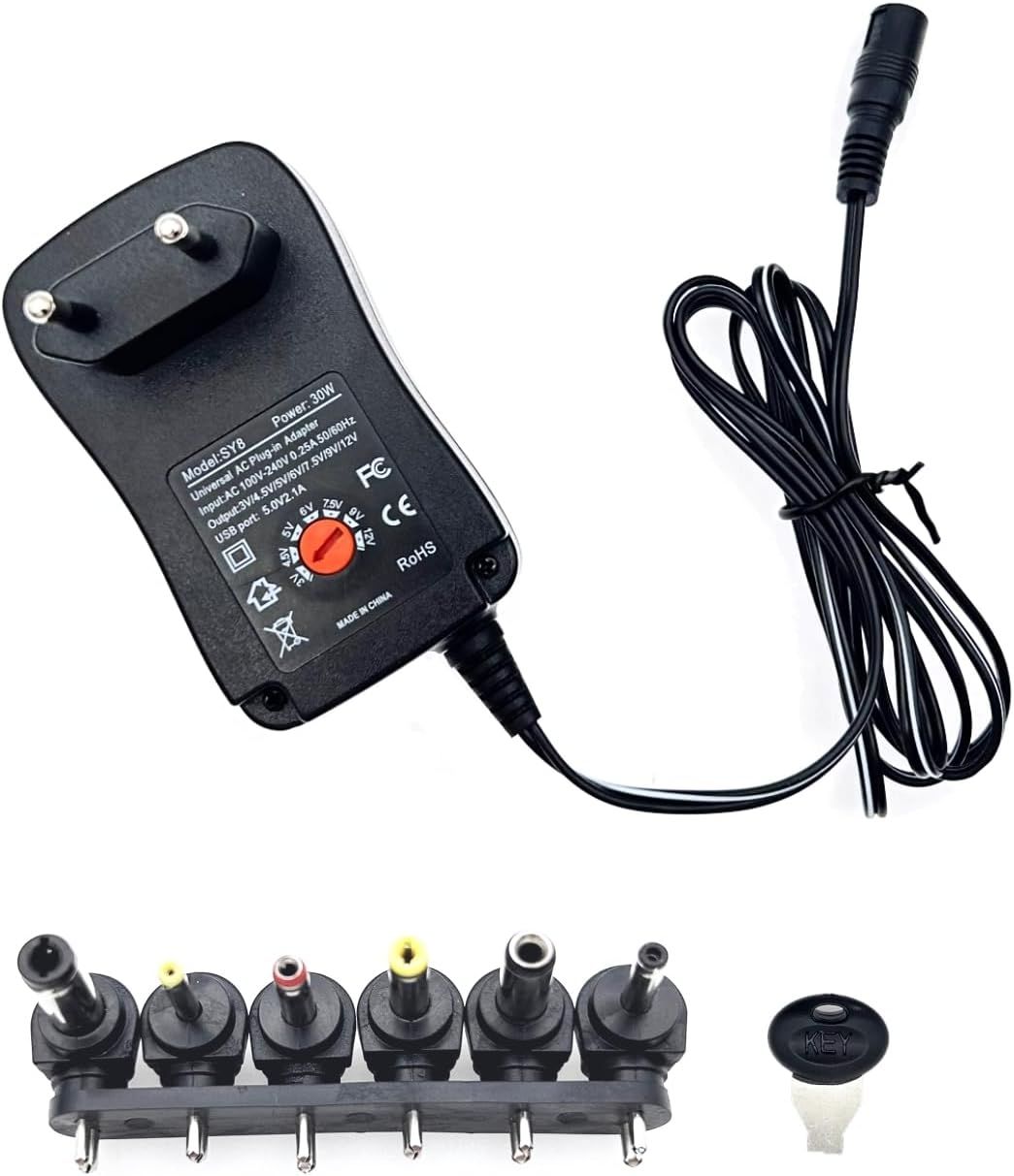 Cargador universal 3-12V con 6 adaptadores y puerto USB
