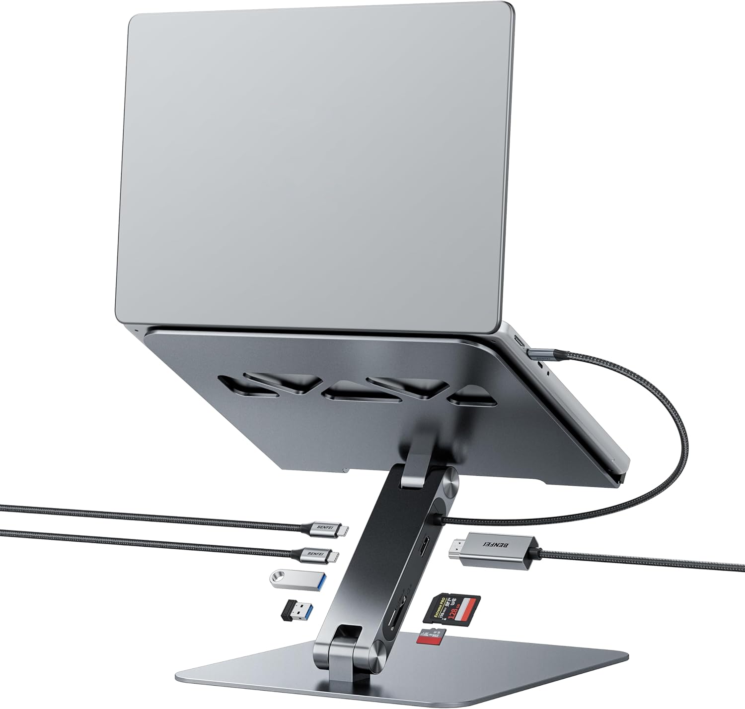 Portable Laptop Stand with USB-C 7-in-1 Docking Station, HDMI 4K@60Hz, 1x SD 1x Micro SD, 100W PD, 10Gbps 1x USB C 3.2 & 2x USB A 3.2