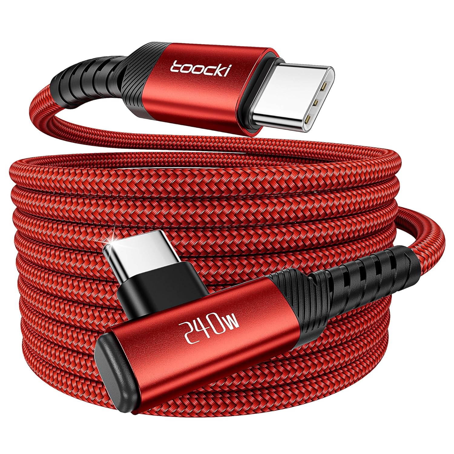 Cable USB-C a USB-C de 240W, carga rápida PD3.1 y transferencia de datos de 480 Mbps, cable angulado trenzado de nylon para iPhone 17 Pro Max/16/16 Pro Max/15, MacBook, iPad, Galaxy S25, rojo