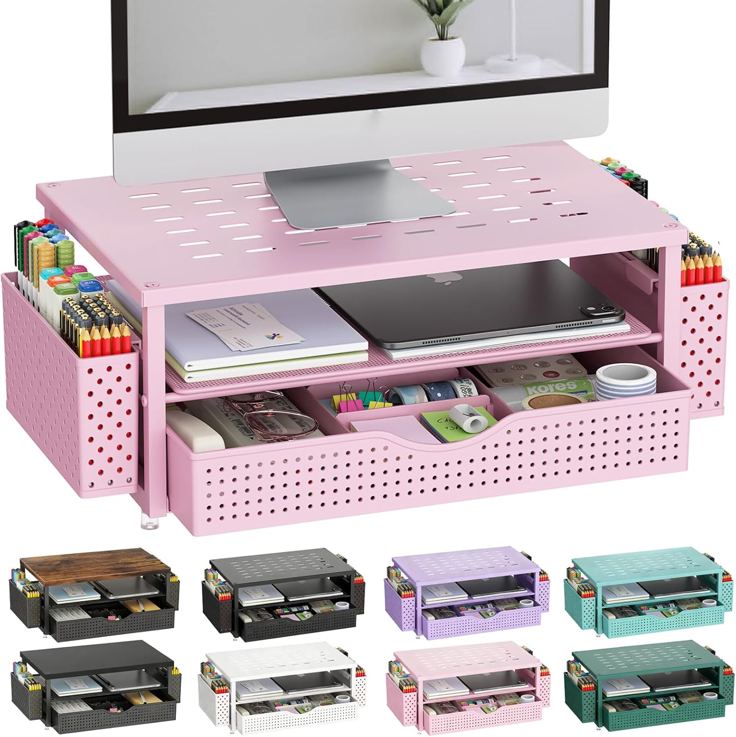 Monitor Stand with Drawer and Pen Holder, Desk Organizers and Accessories, 2-Level Monitor Raiser, Pink Office Decoration for Women (Pink)