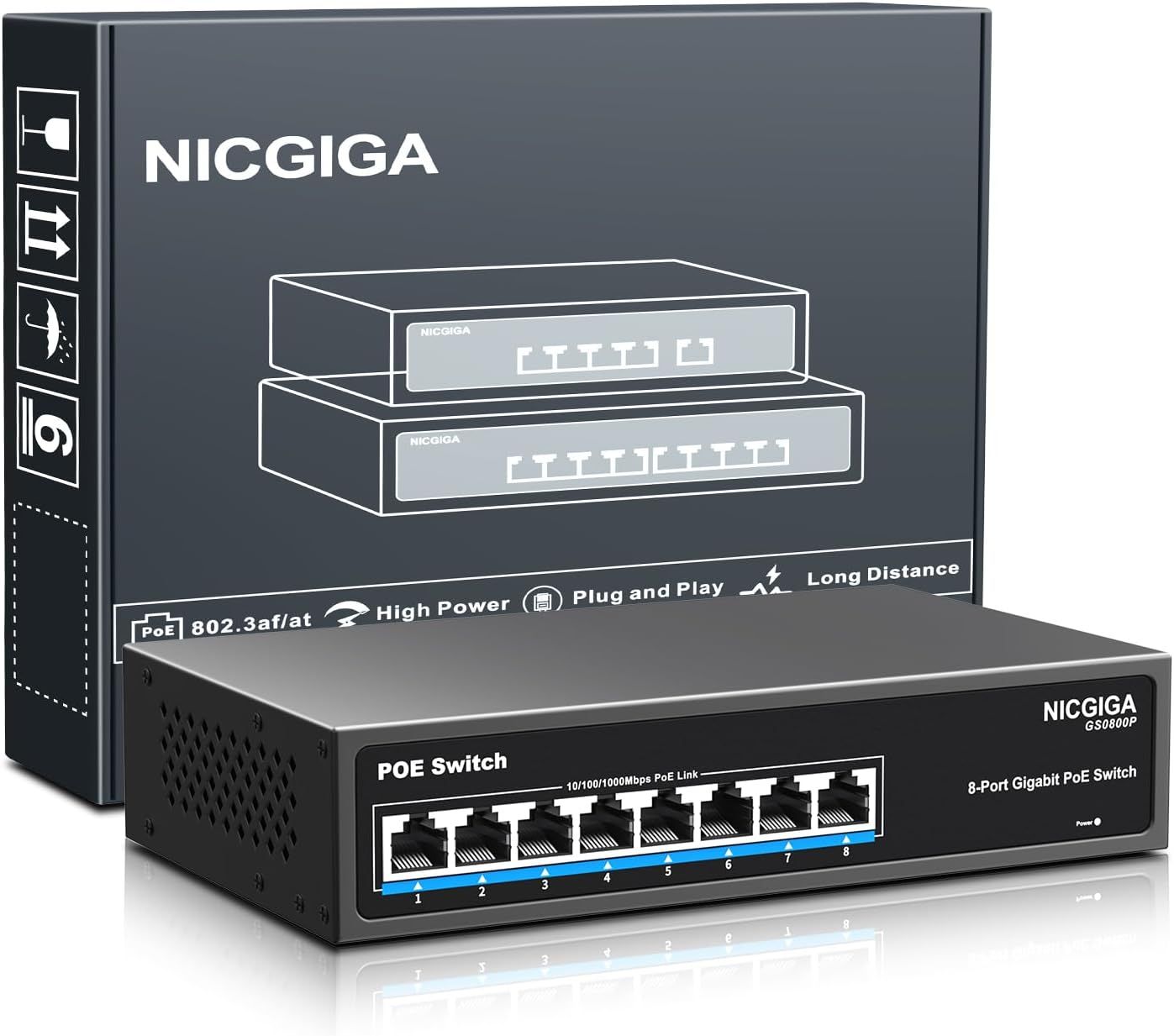 SYNERGIA SERENITE Gigabit PoE Switch 8-Port, 120W Power Budget, 802.3af/at, 1000Mbps, Fanless