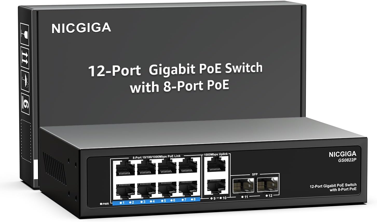 PoE+ Gigabit Switch 8-Port Non-Managed with 8 PoE+ RJ45 Ports, 2x1000Mbps Uplink + 2x1G SFP, 12-port Network Power Over Ethernet