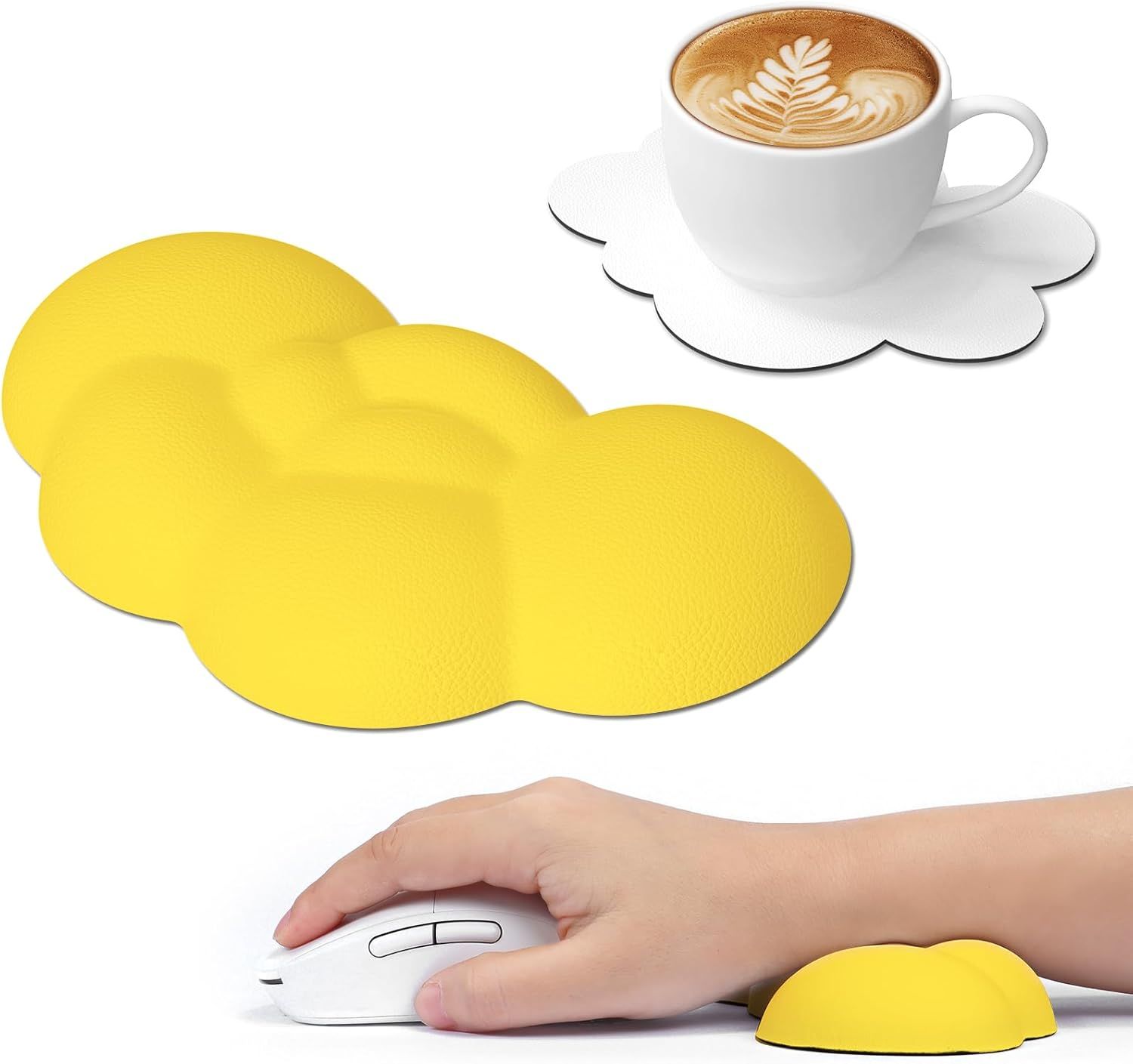 Cloud-Shaped Wrist Rest with Glass Base, Ergonomic Keyboard Paddle with Memory Foam and Massage, Palm Support for Laptop, Gaming, Desk - Yellow