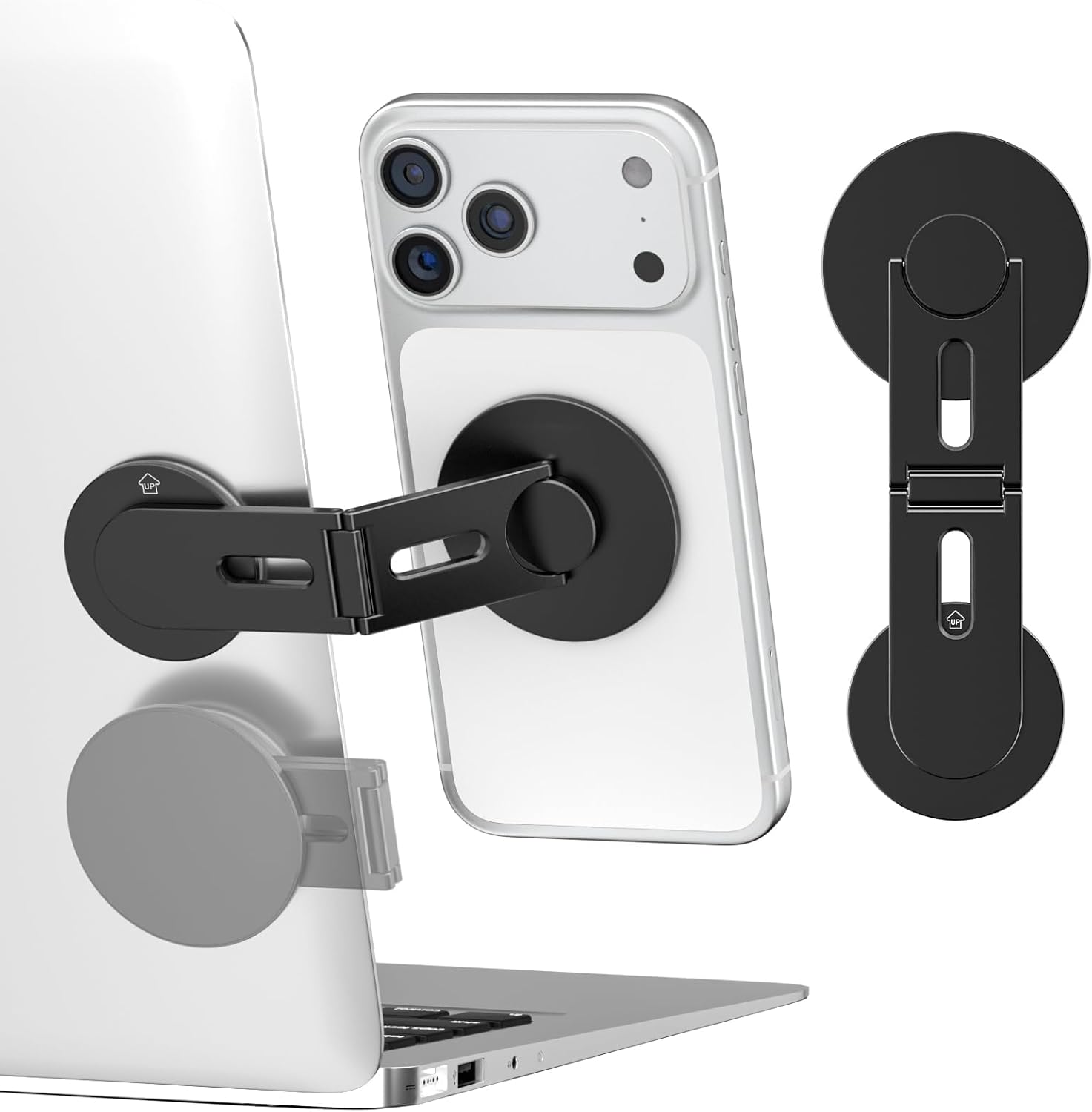 Soporte magnético para portátil y teléfono, soporte de pantalla a 360 grados para iPhone 17/16/15/14/13, tabletas, montaje universal ajustable para escritorio, negro