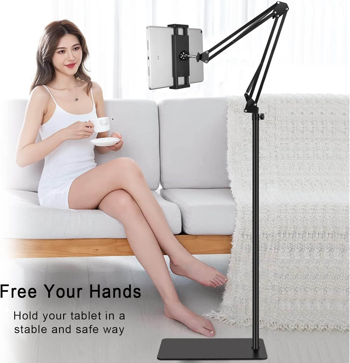 Tablet Stand with Double Weight Base, Adjustable Height/Extensible Arm, Compatible with iPhone, iPad, Galaxy Tab, Kindle, and Other 11.4-33cm Phones