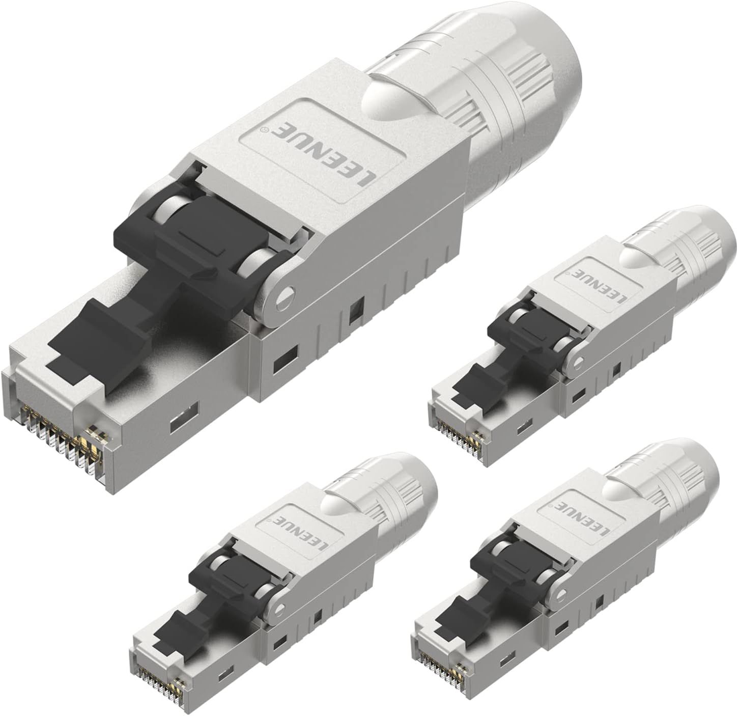Kit de 4 conectores RJ45 Cat7 sin herramientas de Synergia Serenite, con toma de tierra blindada y recubierta de oro para cables Ethernet Cat7, Cat6A, Cat6, 10 Gbps Poe