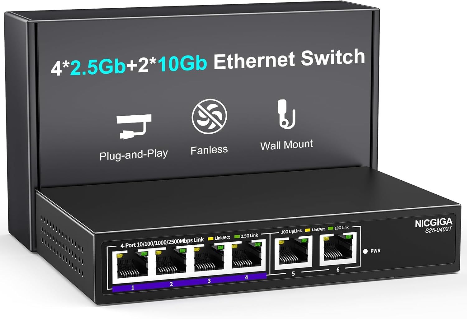 Ethernet Switch 10G Unmanaged with 2 RJ45 Ports 10Gbe and 4 Base-T 2.5Gbps Ports, Wall or Desk Mount. 6 Port 10Gbps Network Switch for Wireless Access Points, NAS, PCs
