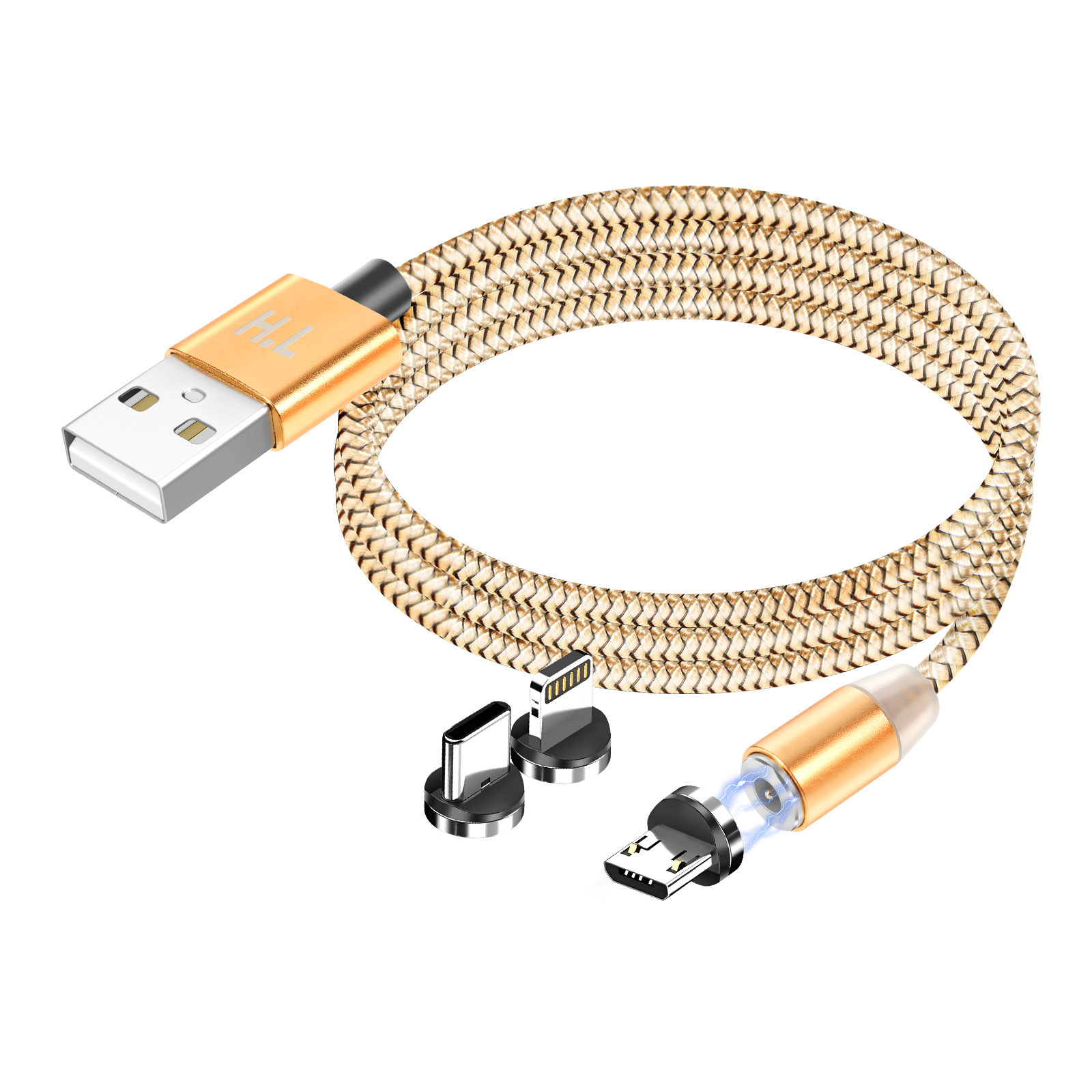 Cable magnético Avizar 3 en 1 - USB-C / Lightning / Micro-USB a USB-A 1m Dorado