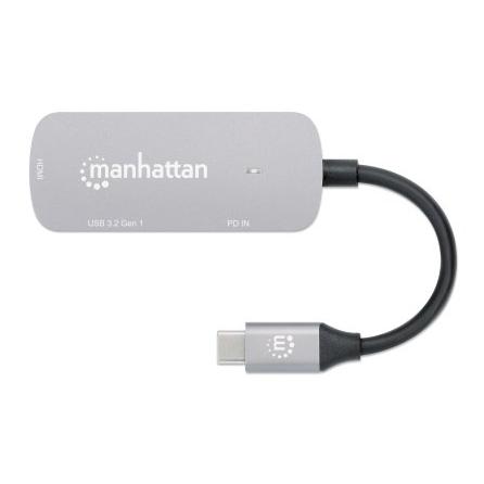 Docking Station Manhattan USB-C, 3 Puertos: HDMI, USB-A, USB-C con Entrega de Potencia PD 100W - Requiere Carga USB-C Externa (No Incluida).