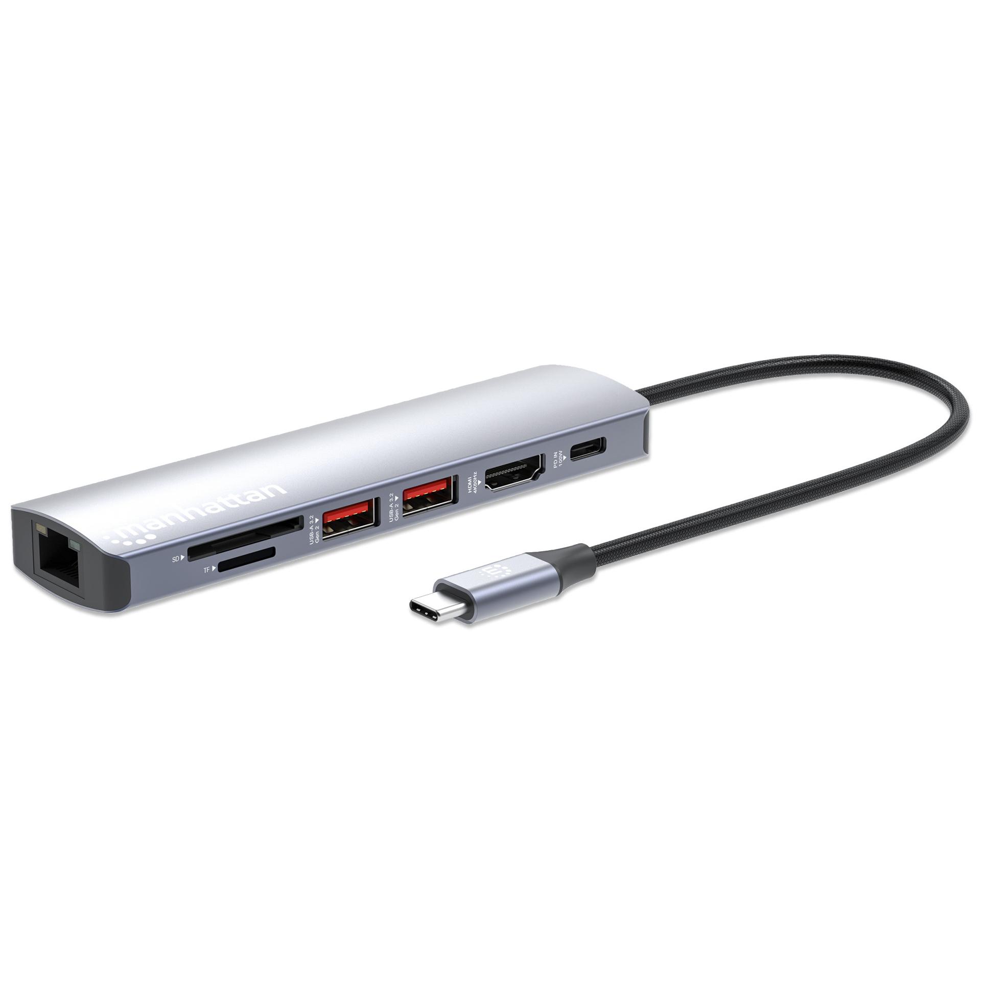 Puerto USB-C de Manhattan/módulo con lector de tarjetas, 5 puertos: Ethernet, HDMI, 2x USB-A + USB-C con entrega de energía (PD) 100W - requiere cargador externo USB-C (no incluido)