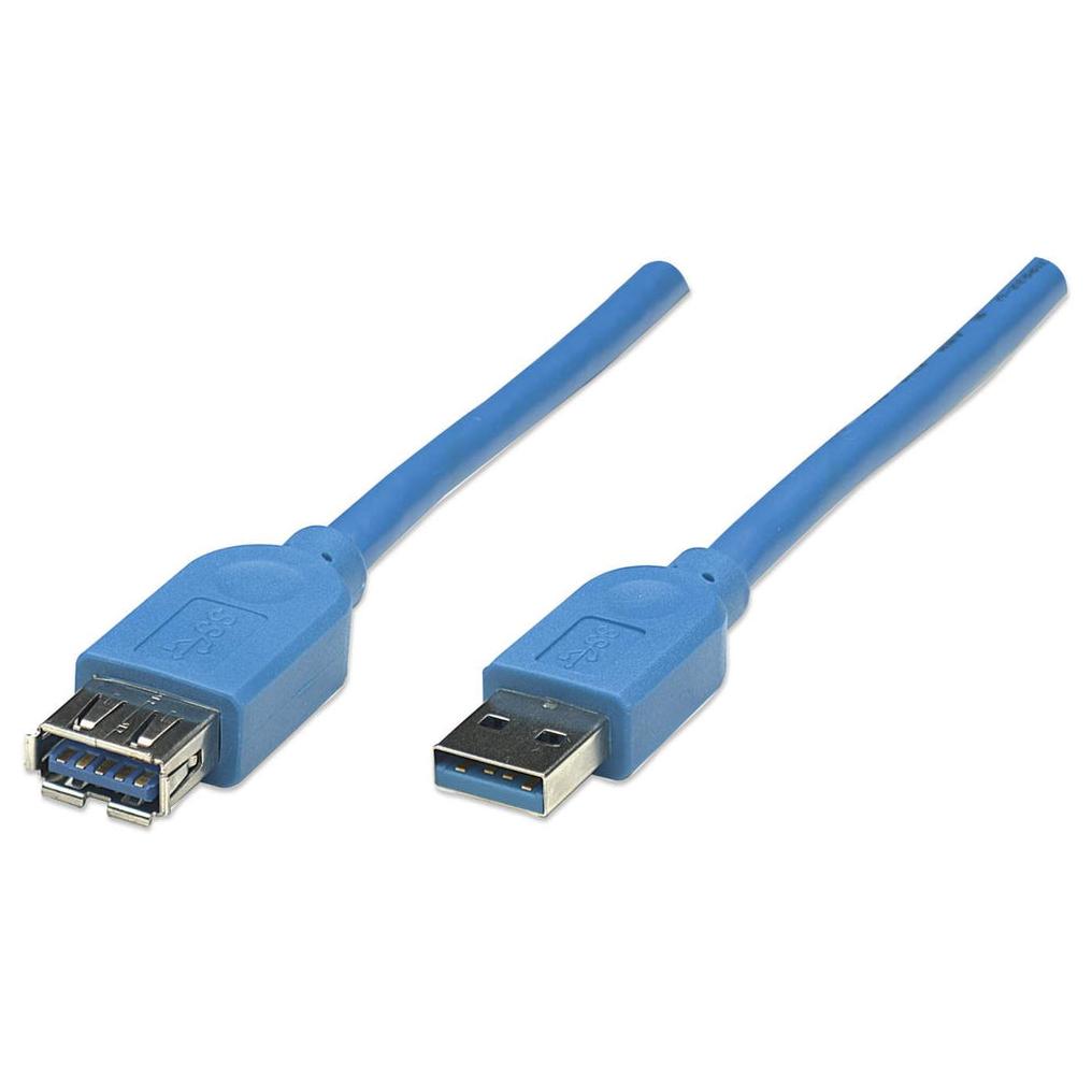 Cable Manhattan USB-A a USB-A, 2 m, macho a hembra, 5 Gbit/s (USB 3.2 Generación 1 / USB 3.0), azul, garantía de por vida
