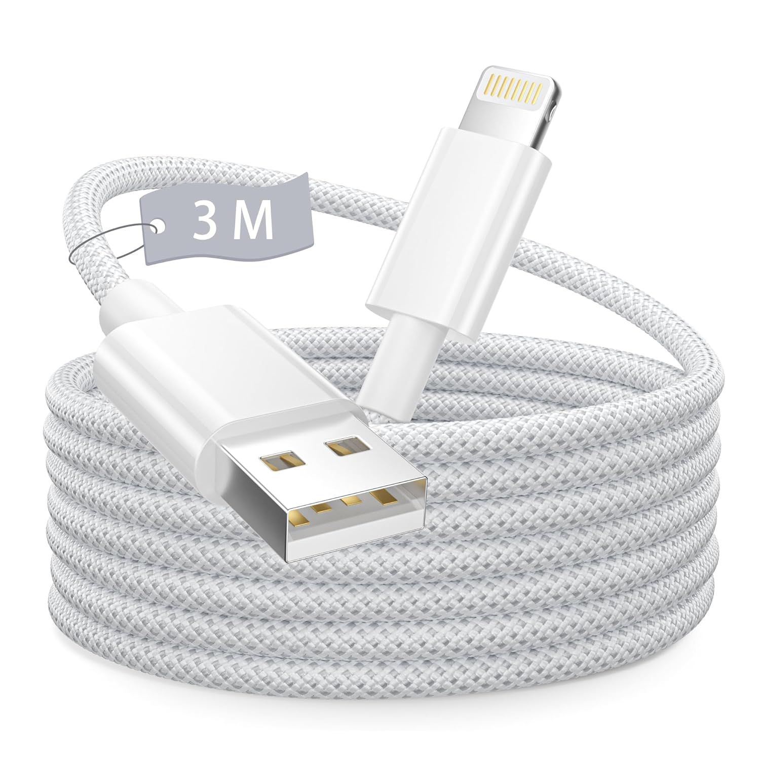Cable de carga rápida KALANKA 3M, [certificado MFi] blanco trenzado de nylon USB a Lightning para iPhone 14/13/12/11 Pro X 8 Plus 7 6 Mini/iPad/AirPods
