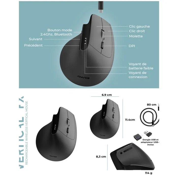 Advance Wireless Ergonomic Mouse - Bluetooth - 3200 DPI - 7 Silent Buttons - Rechargeable Lithium Battery