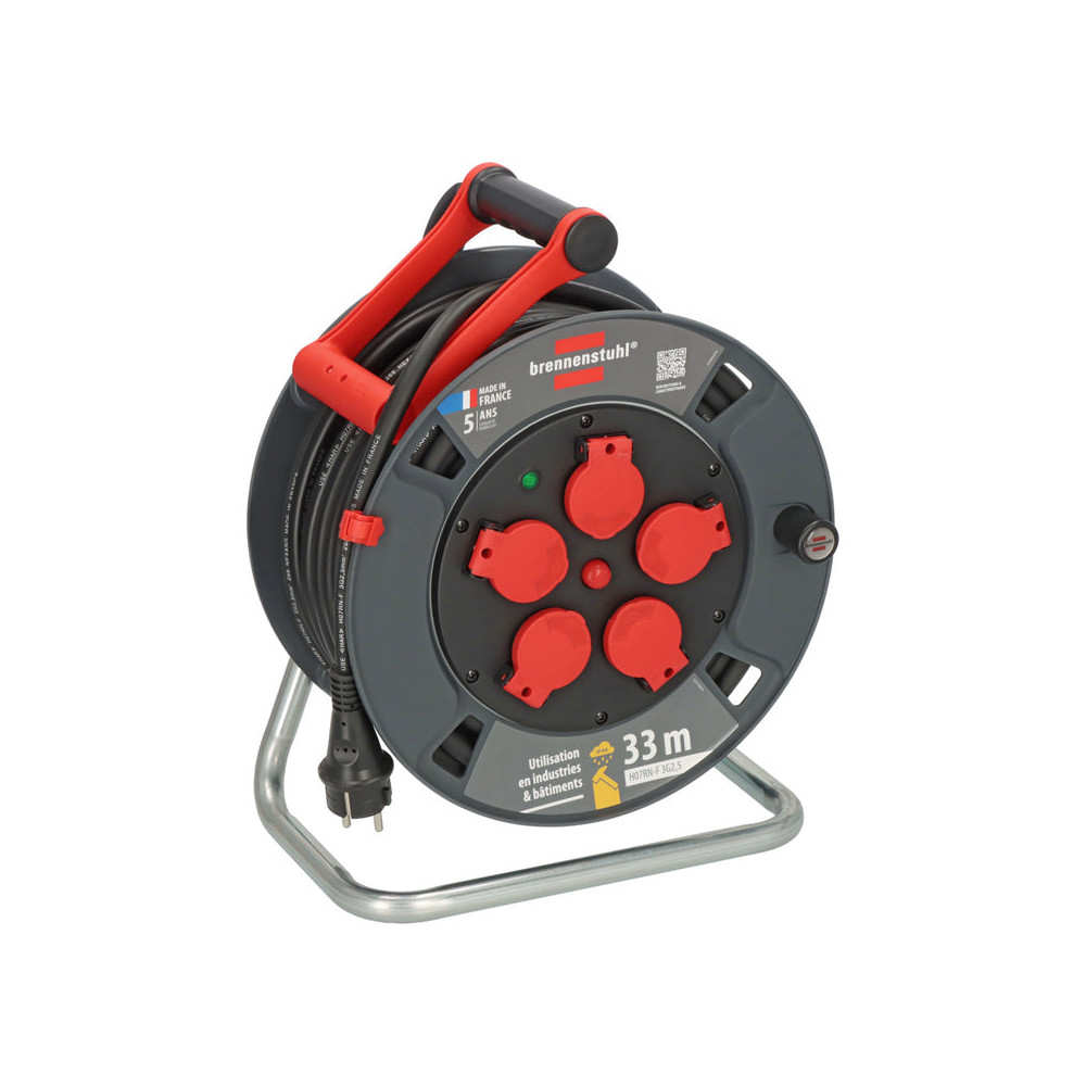 Brennenstuhl 300 KU 3101 Enrollador Profesional - 33 m Cable Neopreno H07RN-F 3G1.5, Bloqueo de 5 Tomadas 16A con Indicador, Frenos de Tambor y Chasis Tubular para Uso Intenso Interior/Exterior, Hecho en Francia, Garantía de 5 Años