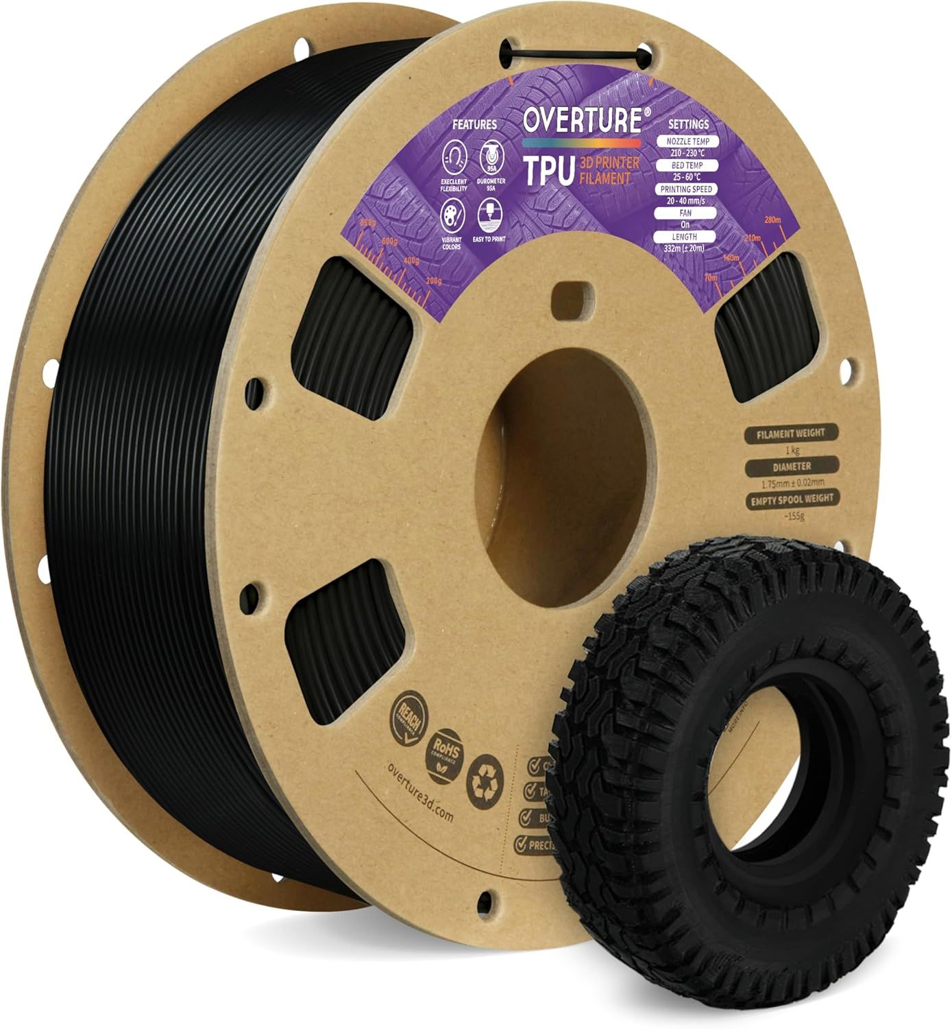 Overture TPU Filament 1.75mm, 2.2lb Spool, 95A TPU Dimensional Precision +/- 0.02mm (Black)