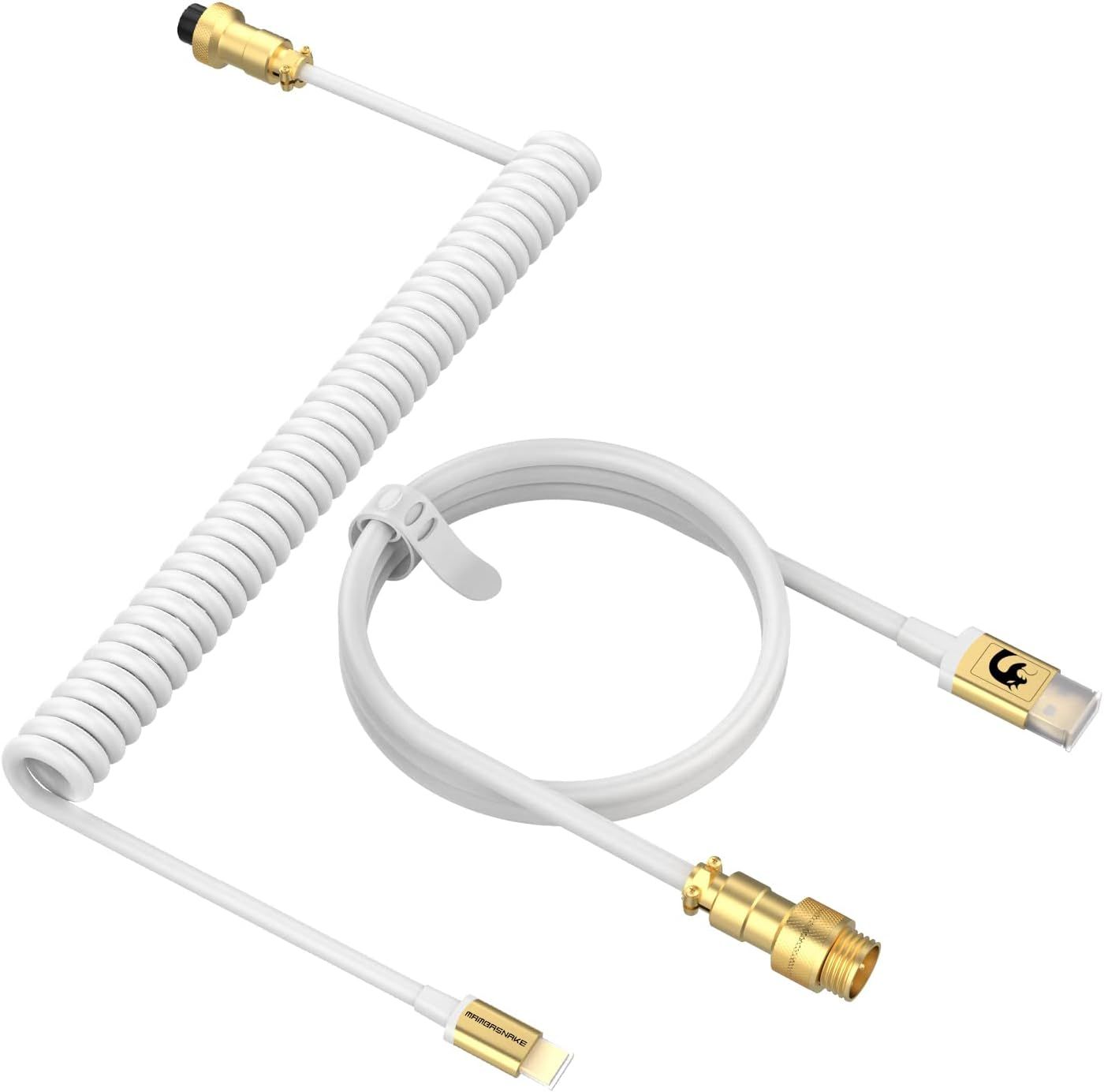 MEVRONISSHOP Spiral Keyboard Cable, Customized USB C Cable for Mechanical Keyboard, Gaming Keyboard Cable, Type-C to USB-A, TPU Coiled USB C Cable with Aviation Gold Connector - White