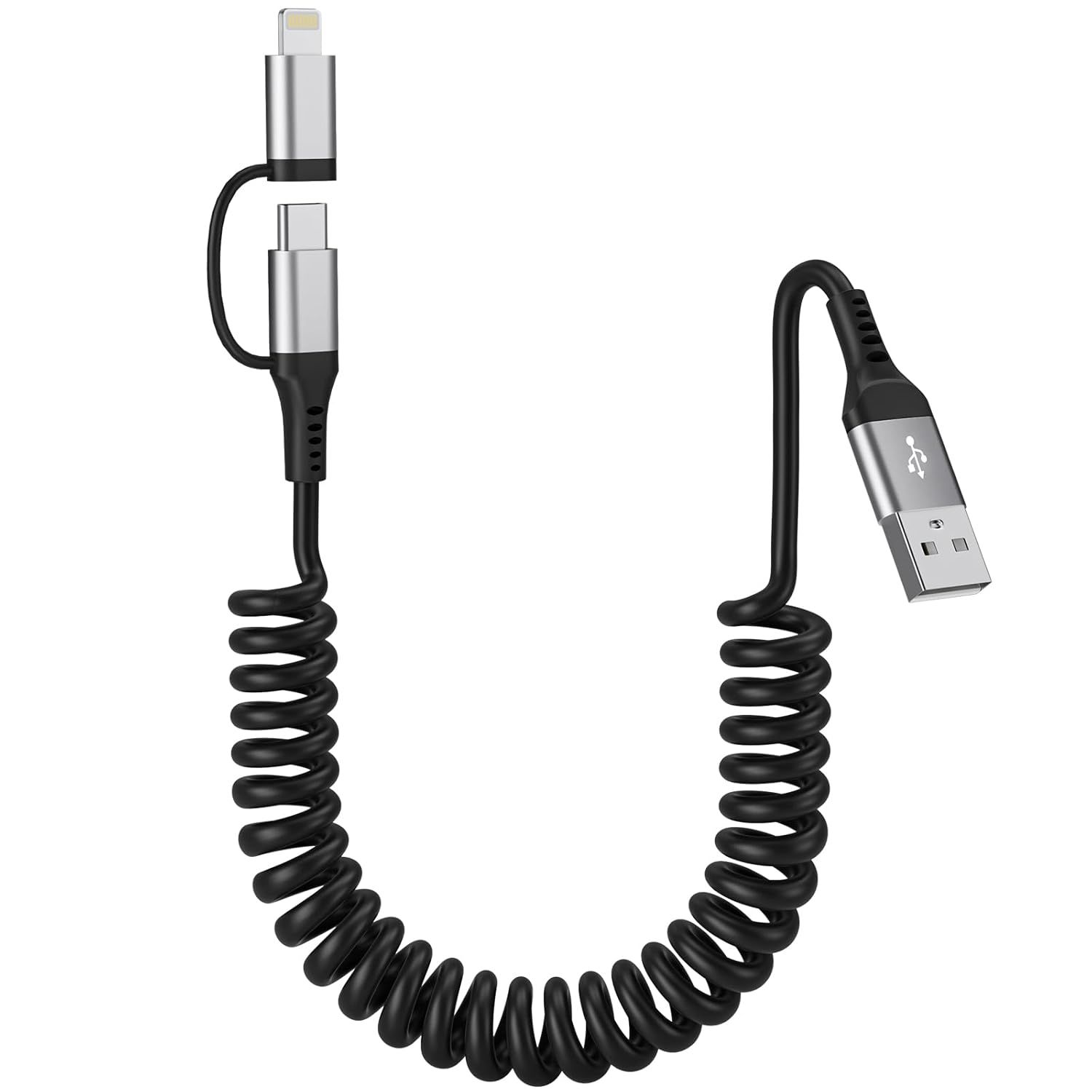 MEVRONISSHOP 2-in-1 Spiral Cable for Apple CarPlay and Android Auto MFi & Quick 3A Charge, Multi USB Cable with Lightning to USB C Cable for iPhone 16/15/14/13/12/11/Galaxy/Huawei/Google Pixel