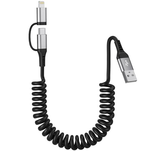 MEVRONISSHOP 2-in-1 Spiral Cable for Apple CarPlay and Android Auto MFi & Quick 3A Charge, Multi USB Cable with Lightning to USB C Cable for iPhone 16/15/14/13/12/11/Galaxy/Huawei/Google Pixel
