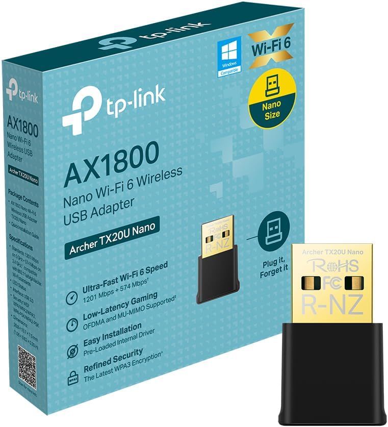 Adaptador Wi-Fi TP-Link Archer TX20U Nano USB, Banda doble 2.4/5 GHz, Tamaño nanométrico 26.8 x 15.7 x 7.5 mm, WPA3, OFDMA, MU-MIMO, Compatible con Windows 11/10