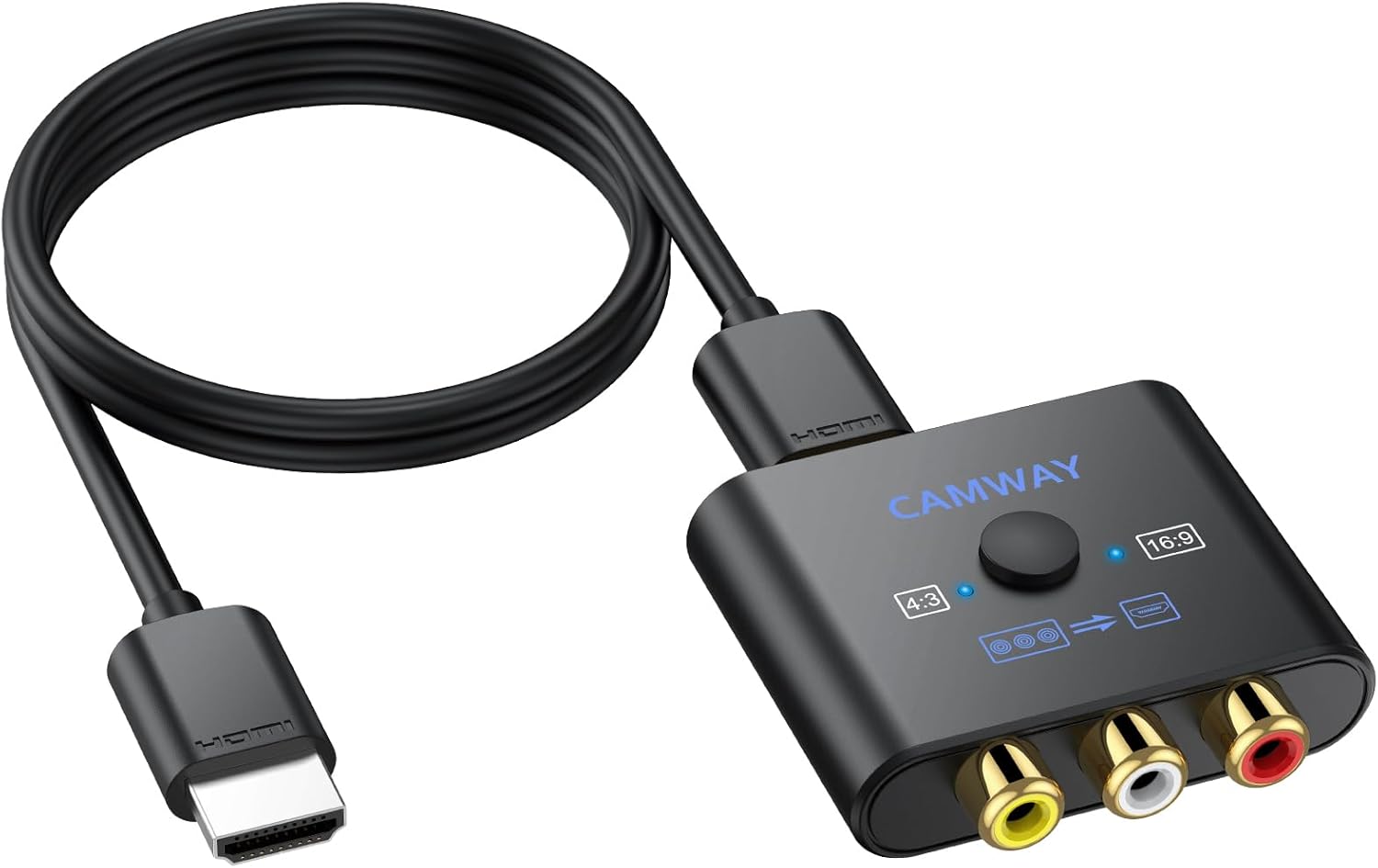 CAMWAY HDMI Adapter with 50cm Cable - RCA to HDMI Converter for PS1/PS2/Wii/N64 (4:3/16:9 Switch) Exclusive Plug & Play Compatible with TVs/Monitors