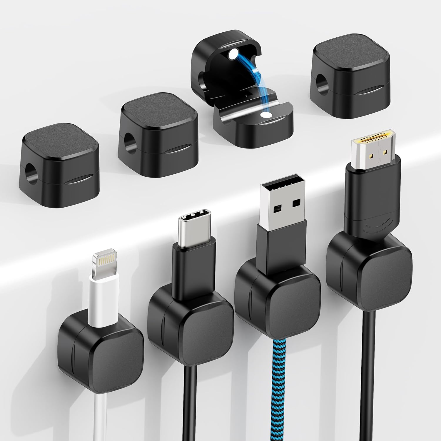 MEVRONISSHOP Magnetic Cable Clips, 8 Pack - Adjustable Smooth Cable Organizer with Auto-Adhesive for USB Charging Cables, Desk & Nightstand (Black)