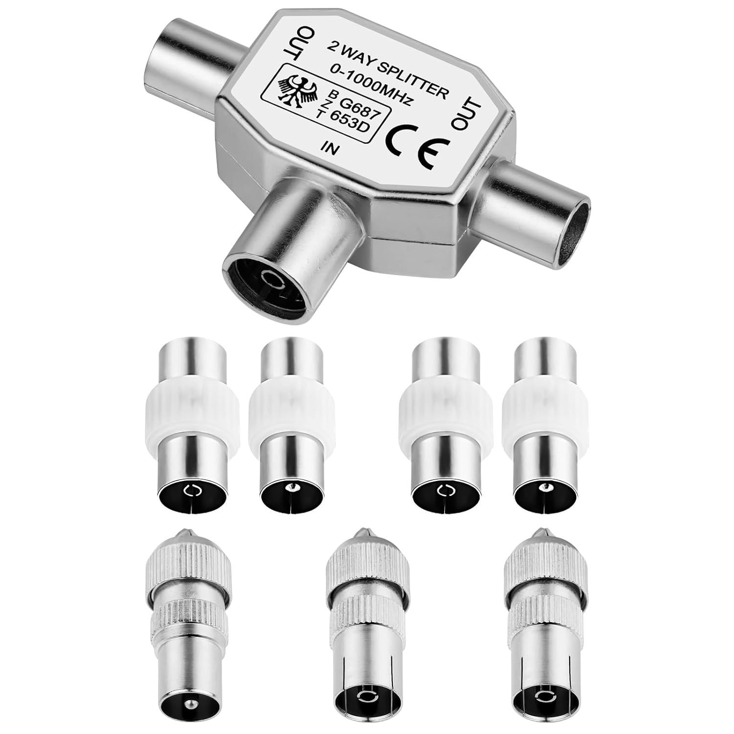 Coaxial Antenna Distribution Splitter, 1 Female to 2 Male with T/F Type Connectors RF Coax Adapter