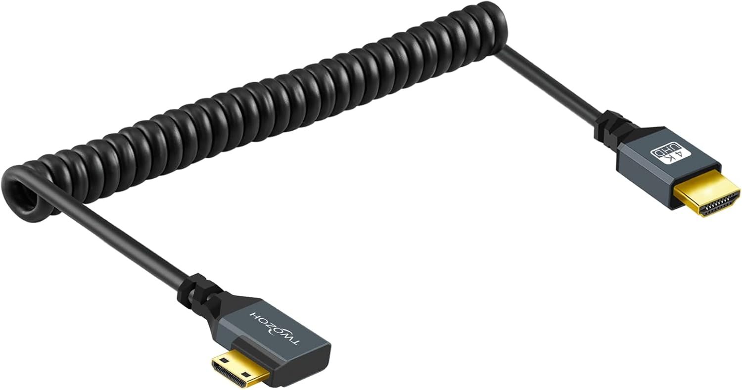 Mini HDMI to HDMI Spiral Cable 90 Degree Bend, 4K/3D Compatible, 1080p, Extensible up to 5 Feet
