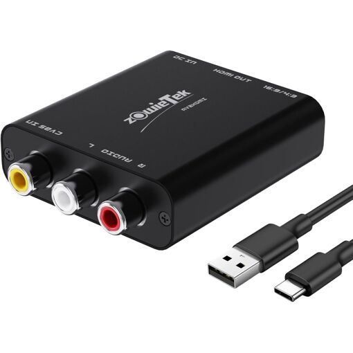 Conversor AV/RCA a HDMI de MEVRONISSHOP, Aluminio duradero, sin latencia, 4:3/16:9, Plug & Play, USB-C, compatible con PS, N64, SNES, DVD, VHS, PC