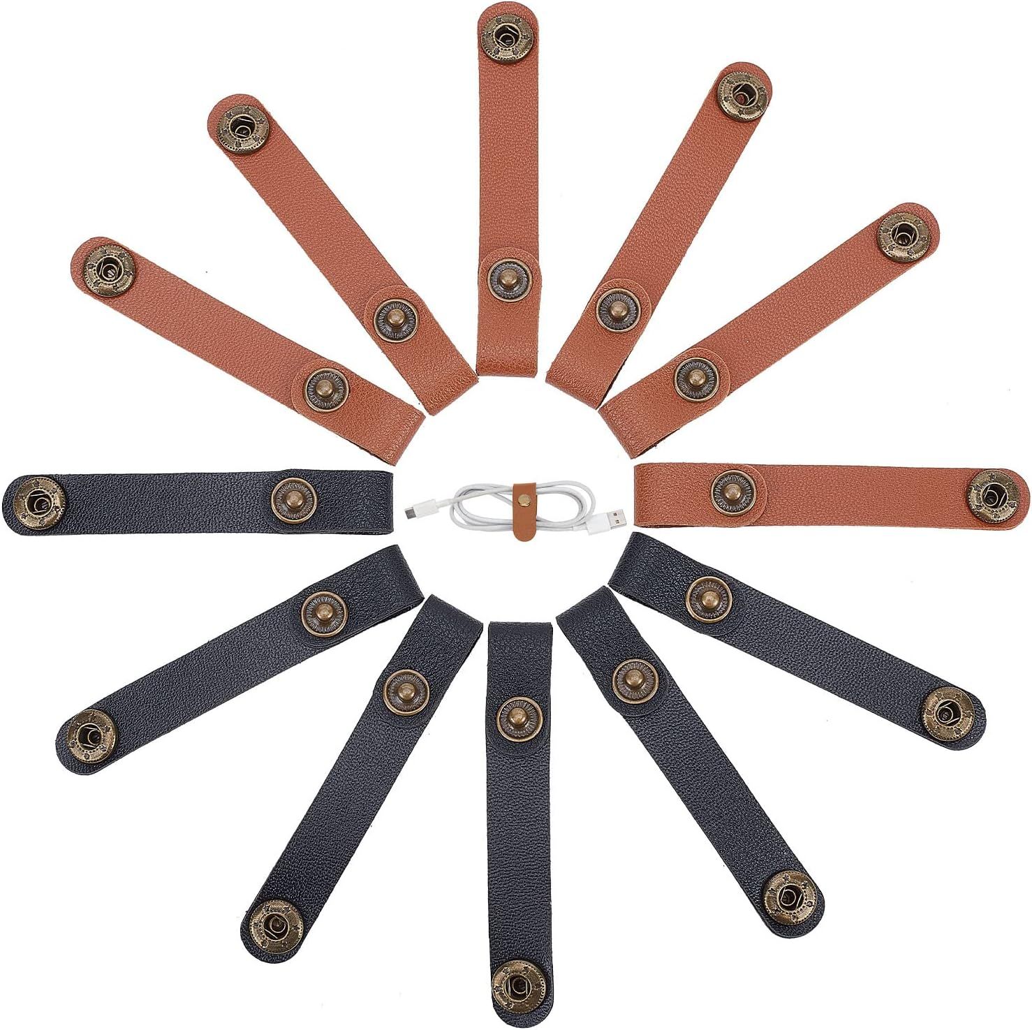 12-Piece Cable Clips - Rustic Leather Cord Organizer with Alloy Snap Buttons