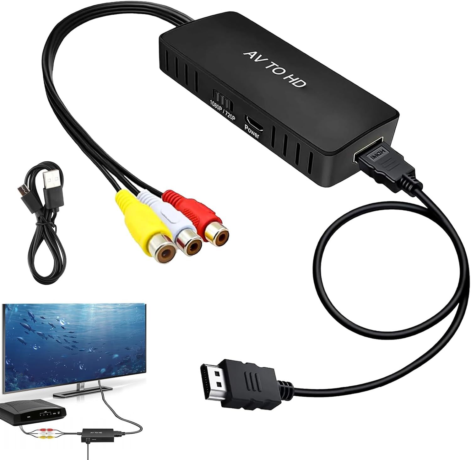 AV to HDMI Adapter, RCA to HDMI Converter with Cable