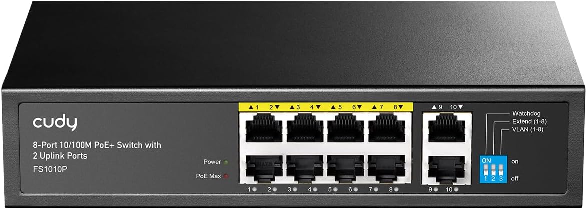 MEVRONISSHOP-FS1010P 8-Port PoE+ Switch with 2 Uplink Ports, 120W, Extended Mode/VLAN, 802.3af/at, Fanless, Plug and Play
