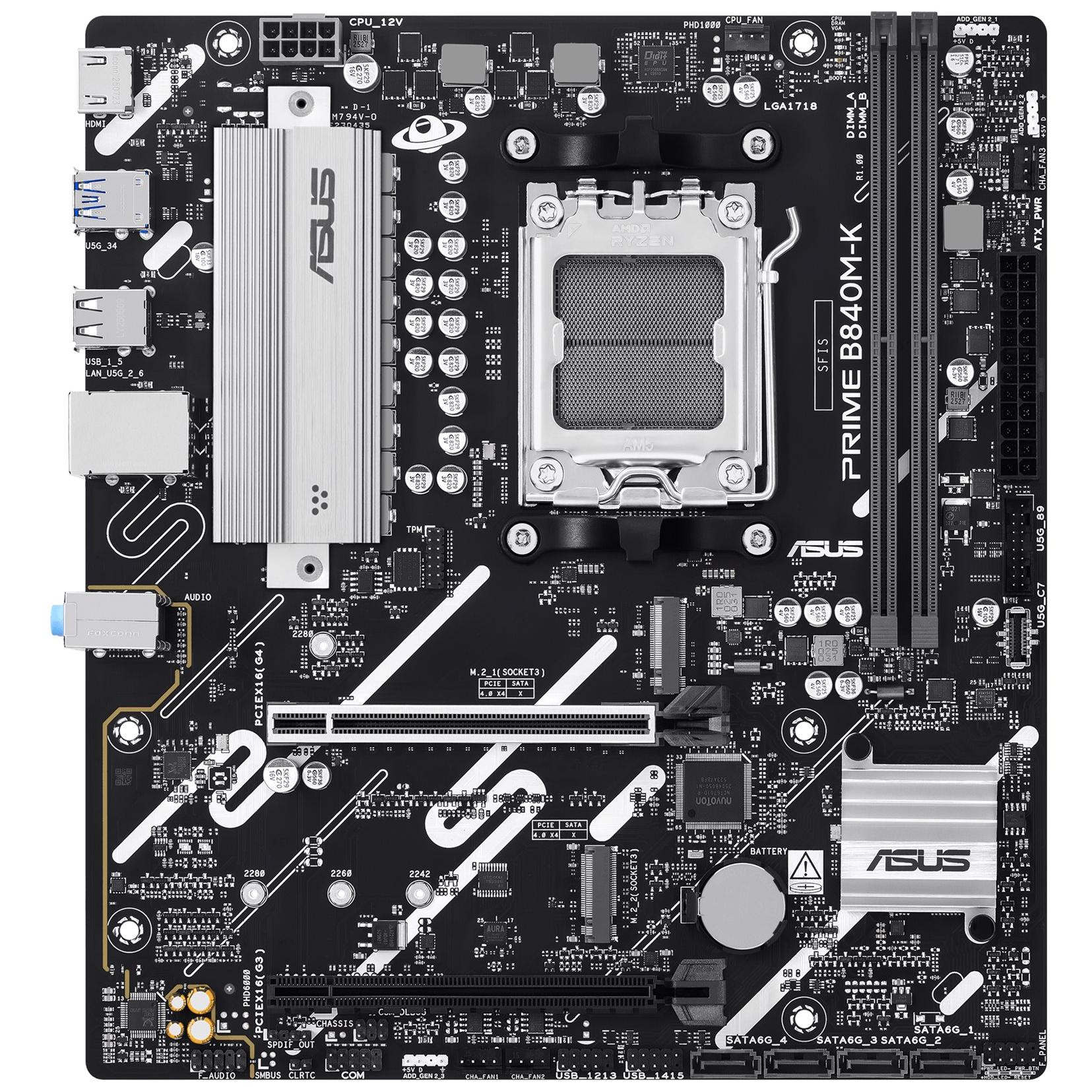 ASUS Prime B840M-K Motherboard - Micro ATX - AM5 Socket - AMD B840 Chipset - USB 3.2 Gen 1, USB-C 3.2 Gen 1 - 2.5 Gigabit LAN - Integrated Graphics (CPU Required) - HD Audio (8 Channels)