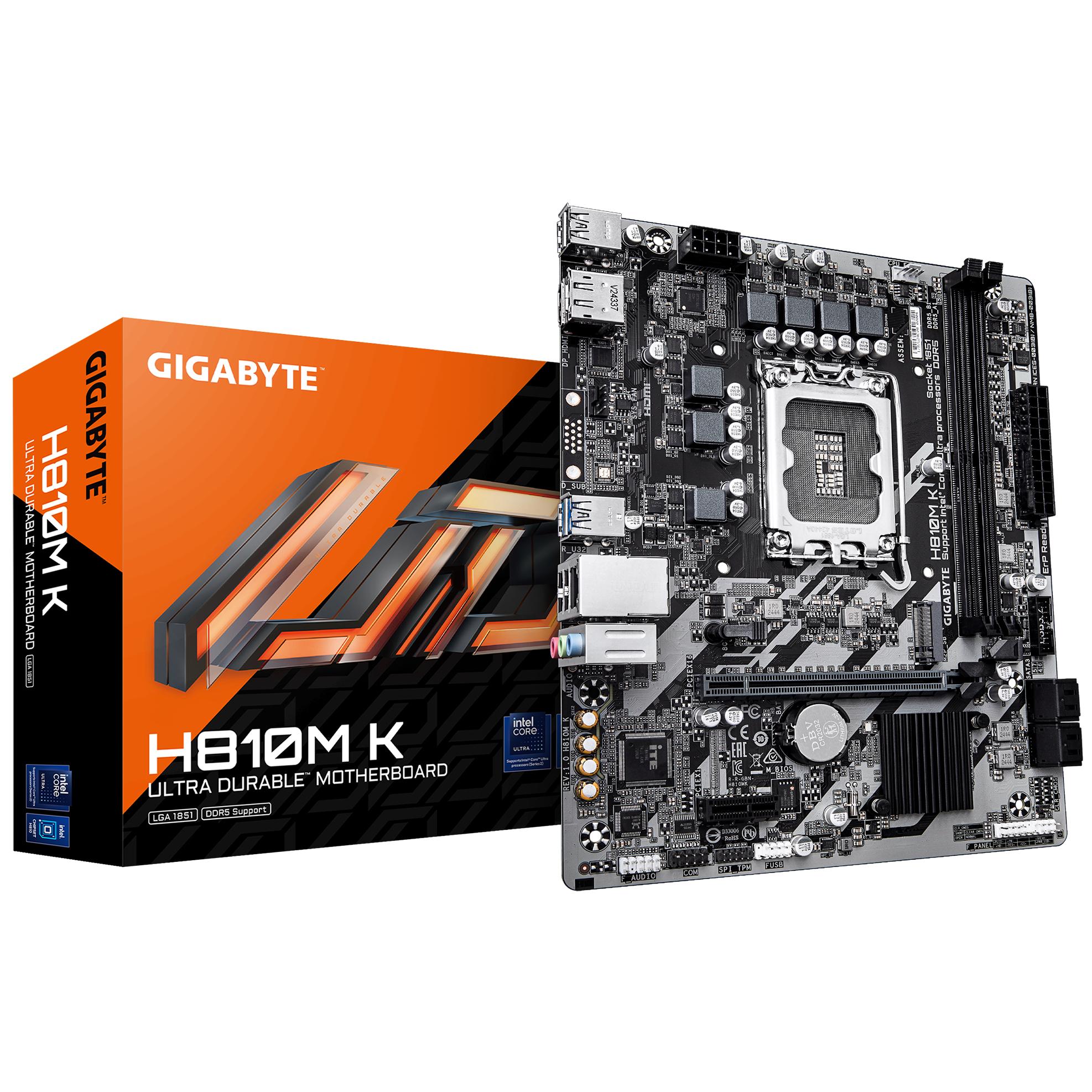 Gigabyte H810M K Motherboard - Intel Core Ultra Processors (Series 2), 3+1+2 Phase VRM, Up to 6400MHz DDR5, 1x M.2 PCIe 4.0, 1GbE LAN, USB 3.2 Gen 1