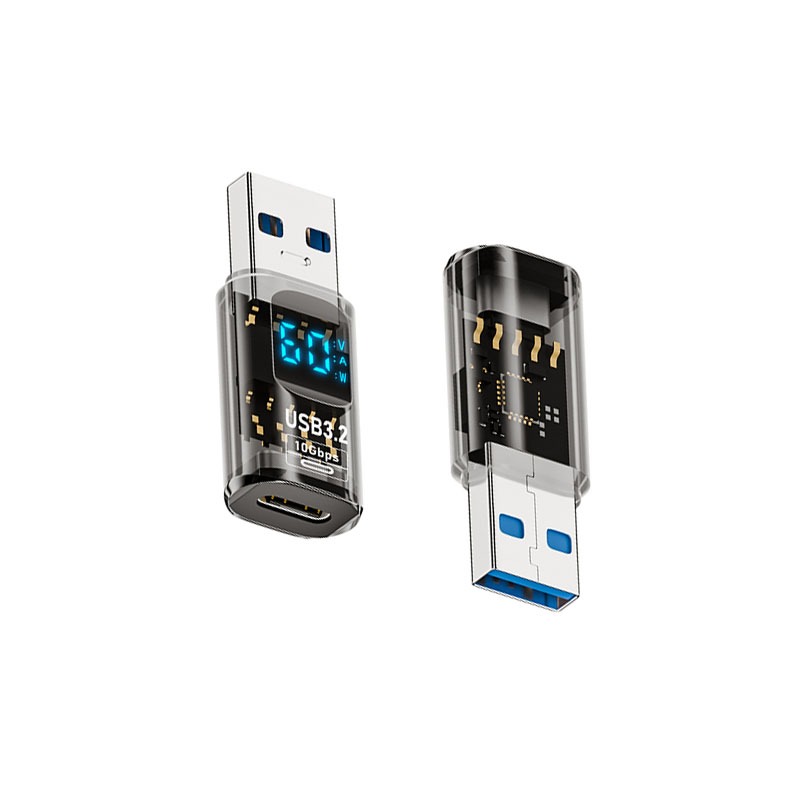 USB-A to Type-C Adapter with Digital Display - Transparent Black (2-Pack)