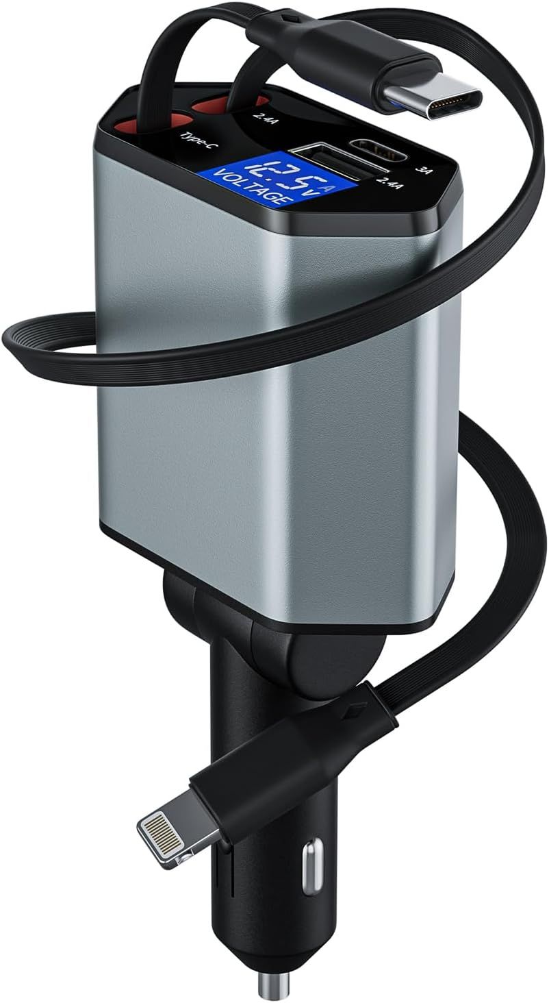 ELVORIX Retractable USB C Charger 2025 - 65W - Car Accessory 4 in 1