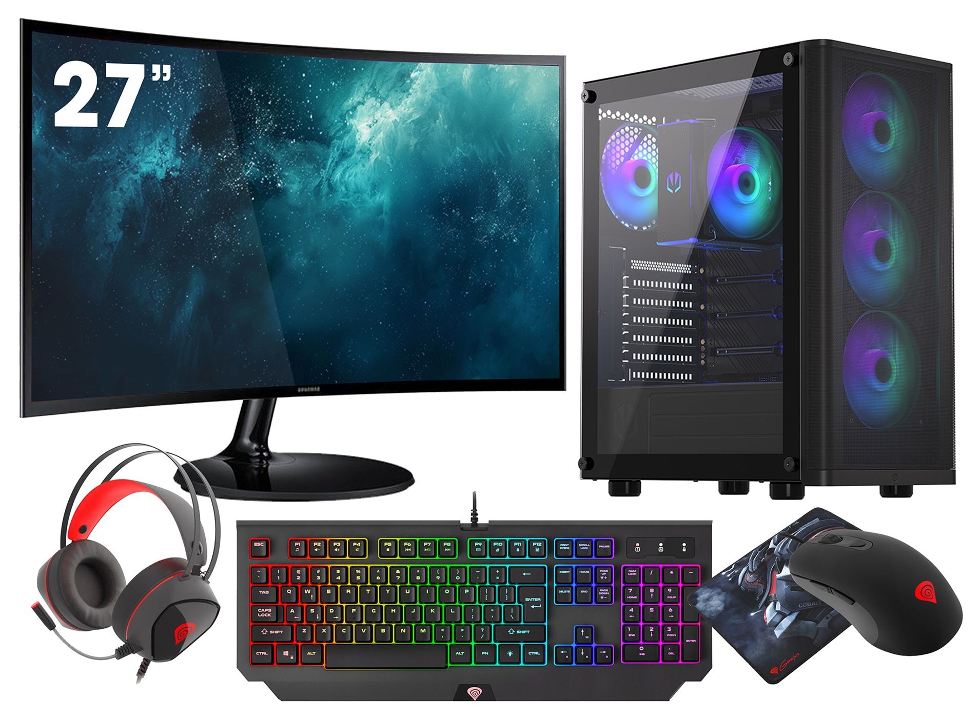 VIST Gaming PC - Core i5 14400F, 32GB RAM, RTX 5060, 1TB SSD, WiFi6, BT, 27" LCD, Windows 11 Pro